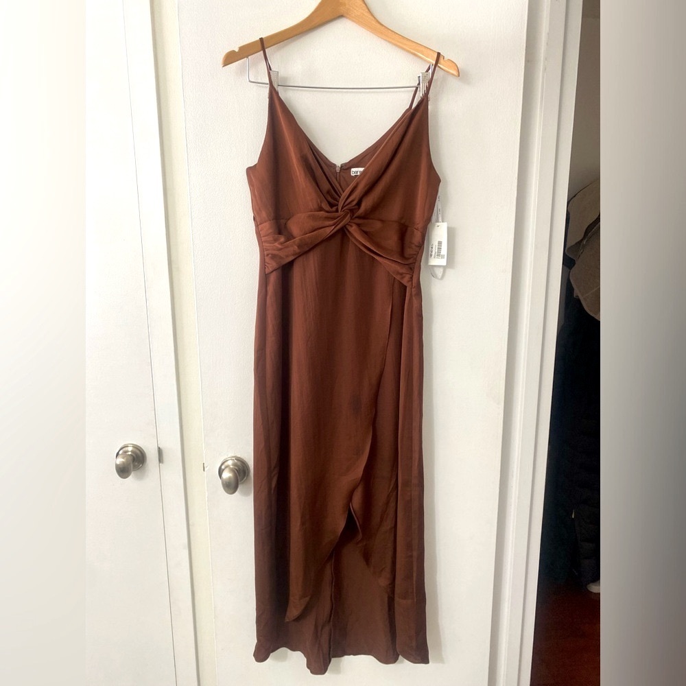 Bar III Formal Rich Copper Brown Twist Front midi Dress​, woman’s midi dress​